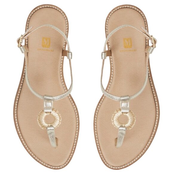 Bruno Magli Jenna Women 9.5 Gold Leather T-Strap Sandals Made in Portugal Raffia - Picture 1 of 11